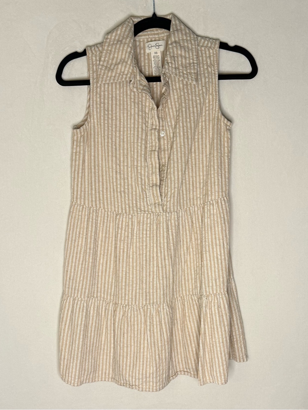 Jessica Simpson Beige and White Striped Sleeveless Shirt Dress